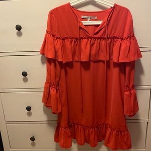 English Factory neck tie long sleeve ruffle tunic dress